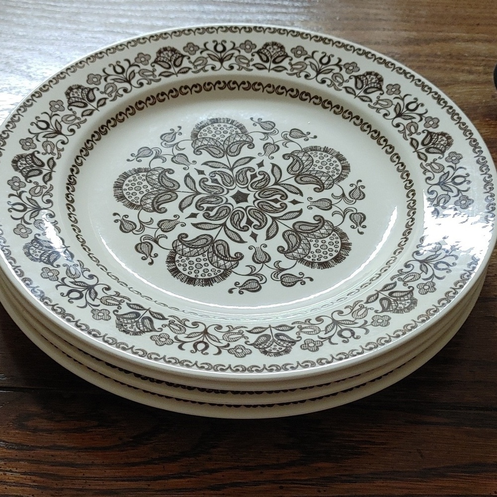 4 Dinner Plates Vintage Royal Wellesley Folkart Flower Brown & Ivory